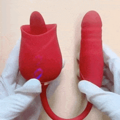 Vibrador Toque Duplo em formato de rosa e haste, demonstração do produto
